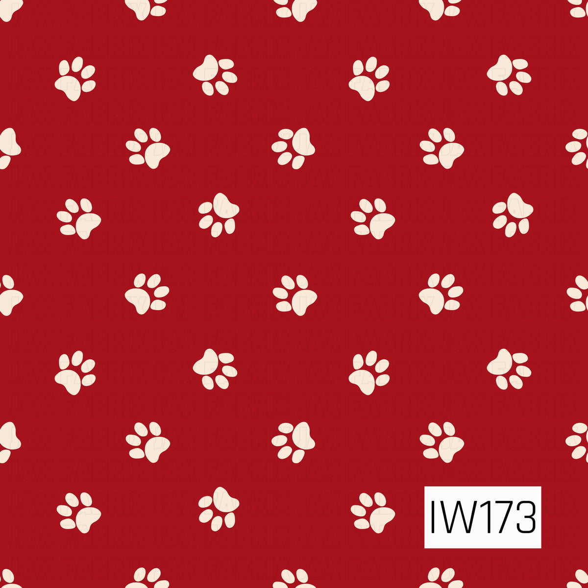 A playful paw print pattern featuring scattered cream-colored paw prints in alternating directions against a rich Christmas red background. The simple, evenly spaced design creates a cute and festive look, perfect for holiday pet-themed projects.