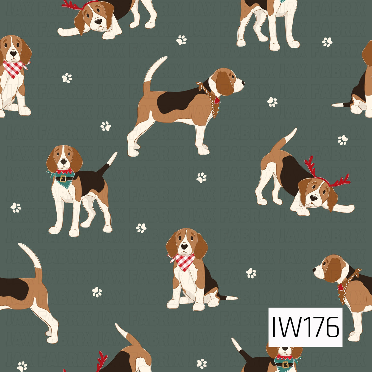 A playful Christmas-themed pattern featuring adorable brown, black, and white beagles in a variety of sitting, standing, and playful poses. The pups wear festive accessories including red reindeer antlers, red and white gingham bandanas, and green elf-inspired collars, with scattered cream paw prints on a muted dark sage green background.