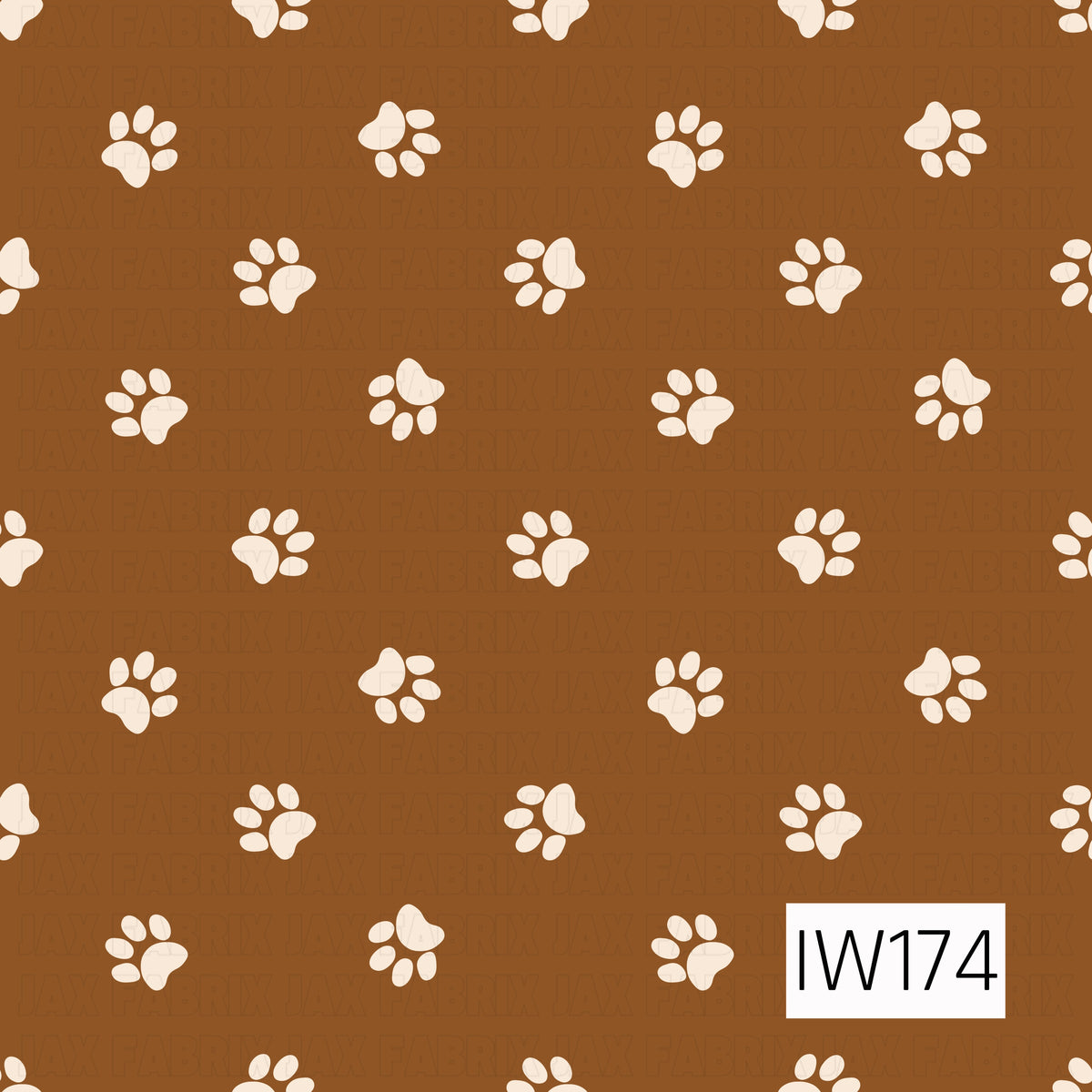 A playful paw print pattern featuring scattered cream-colored paw prints in alternating directions against a warm caramel brown background. The simple, evenly spaced design creates a cute and cozy look, perfect for pet-themed projects.