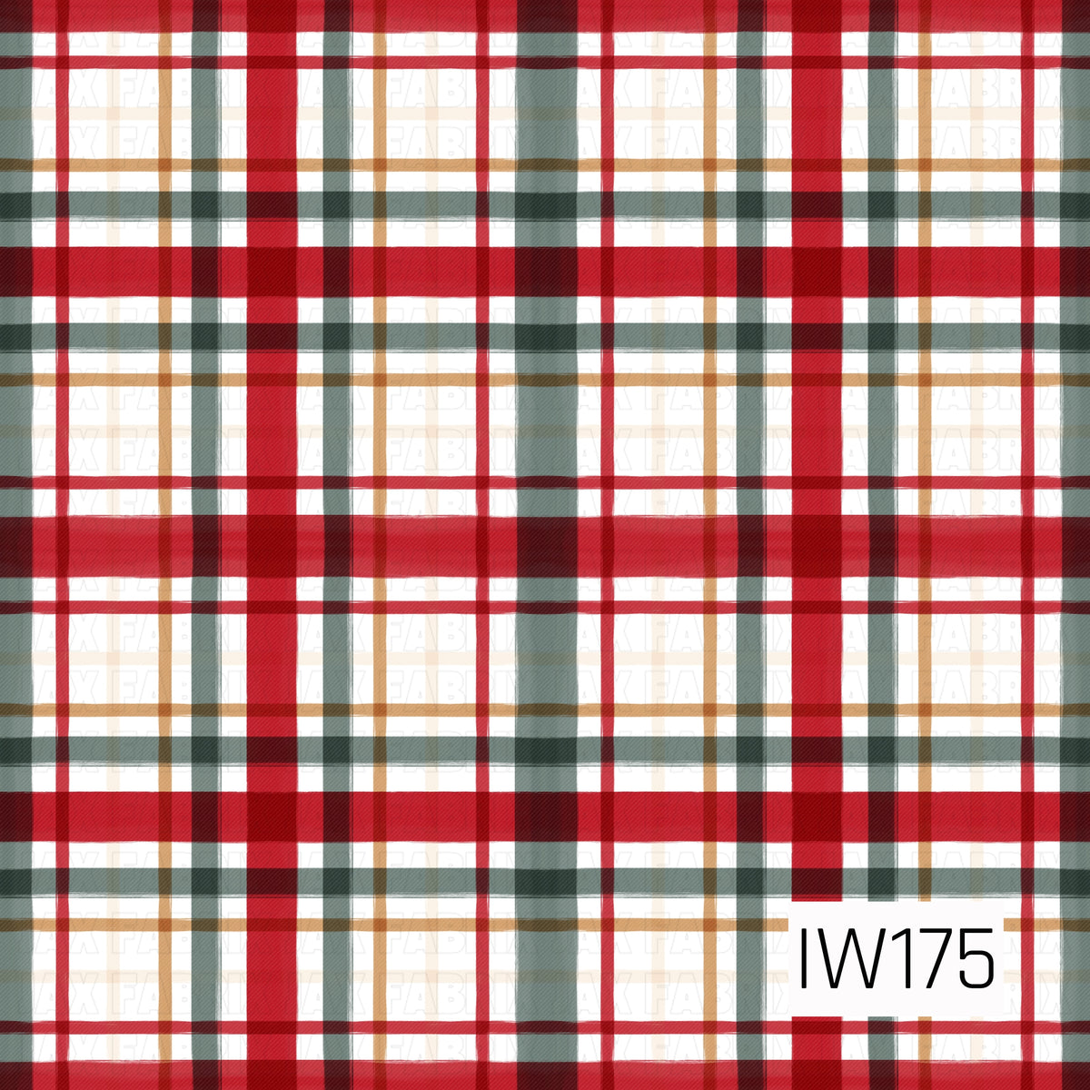 A classic holiday plaid featuring bold red and deep forest green stripes layered with thin golden tan accents on a crisp white background. The overlapping horizontal and vertical lines create a timeless Christmas-inspired pattern with a subtle woven texture.
