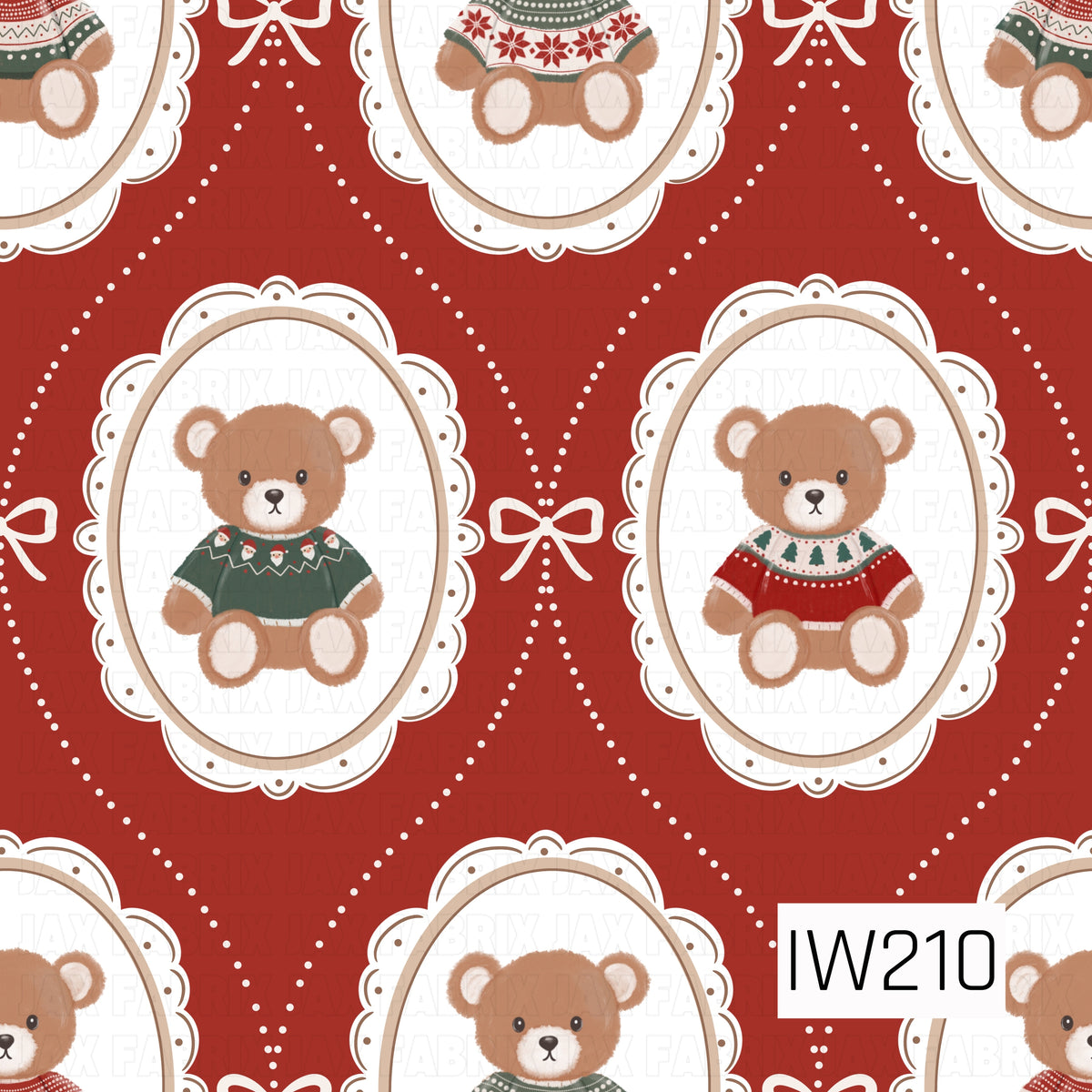 A charming vintage-inspired Christmas pattern featuring adorable brown teddy bears dressed in festive red and forest green holiday sweaters, nestled inside elegant cream oval frames with scalloped lace-like borders. The rich brick red background is decorated with delicate cream bows and dotted diamond patterns, creating a cozy, nostalgic holiday feel.
