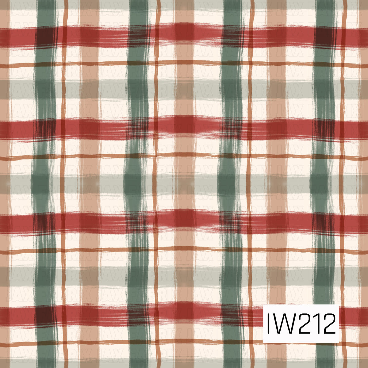 A cozy, rustic plaid pattern featuring overlapping horizontal and vertical brushstroke stripes in muted forest green, warm brick red, soft tan, and earthy brown against a creamy ivory background. The textured, slightly distressed edges give this classic Christmas plaid a soft, hand-painted look with a warm vintage feel.