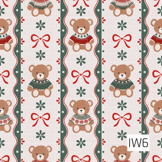A sweet Christmas stripe featuring cozy teddy bears in festive holiday sweaters, classic red bows, and simple green floral accents. Wavy deep green borders and pops of red create a charming vintage-inspired look against a soft cream background.

