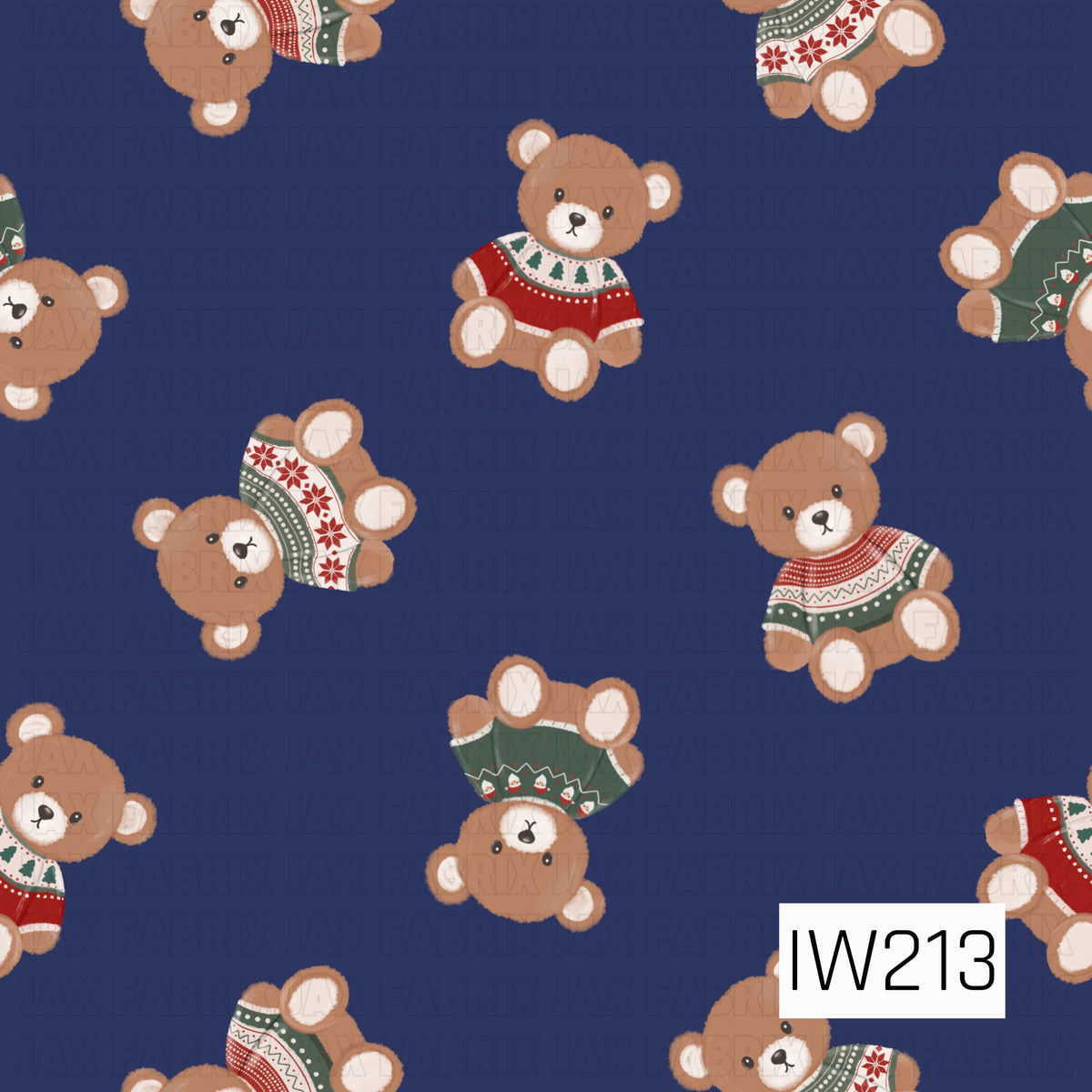 A cozy Christmas pattern featuring adorable fuzzy brown teddy bears scattered in different directions across a rich navy blue background. Each bear wears a festive holiday sweater in shades of deep red, forest green, and cream, decorated with Christmas trees, snowflakes, Santa faces, and classic Fair Isle patterns. The soft, plush textures and playful arrangement give this design a sweet, nostalgic holiday feel.