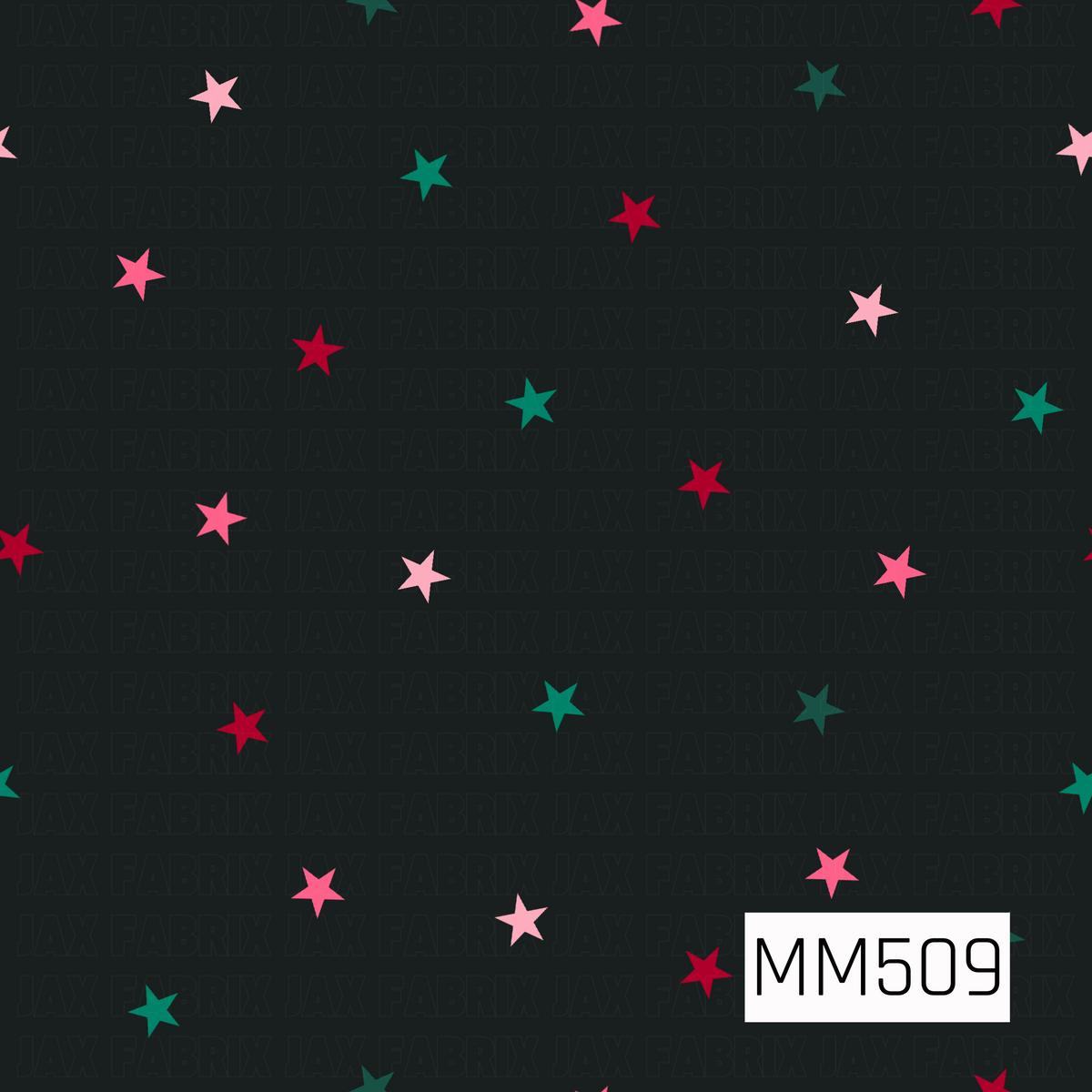 A playful star pattern featuring scattered five-point stars across a deep black background. The stars alternate between bright pink, soft blush pink, vibrant teal, deep green, and rich red, with varied spacing and placement for a fun, whimsical look. The bold pops of color against the dark background give the design a retro, festive feel that coordinates perfectly with the collection.
