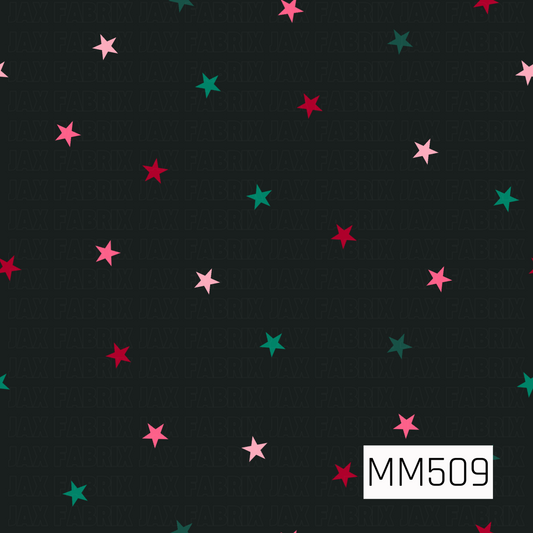 A playful star pattern featuring scattered five-point stars across a deep black background. The stars alternate between bright pink, soft blush pink, vibrant teal, deep green, and rich red, with varied spacing and placement for a fun, whimsical look. The bold pops of color against the dark background give the design a retro, festive feel that coordinates perfectly with the collection.