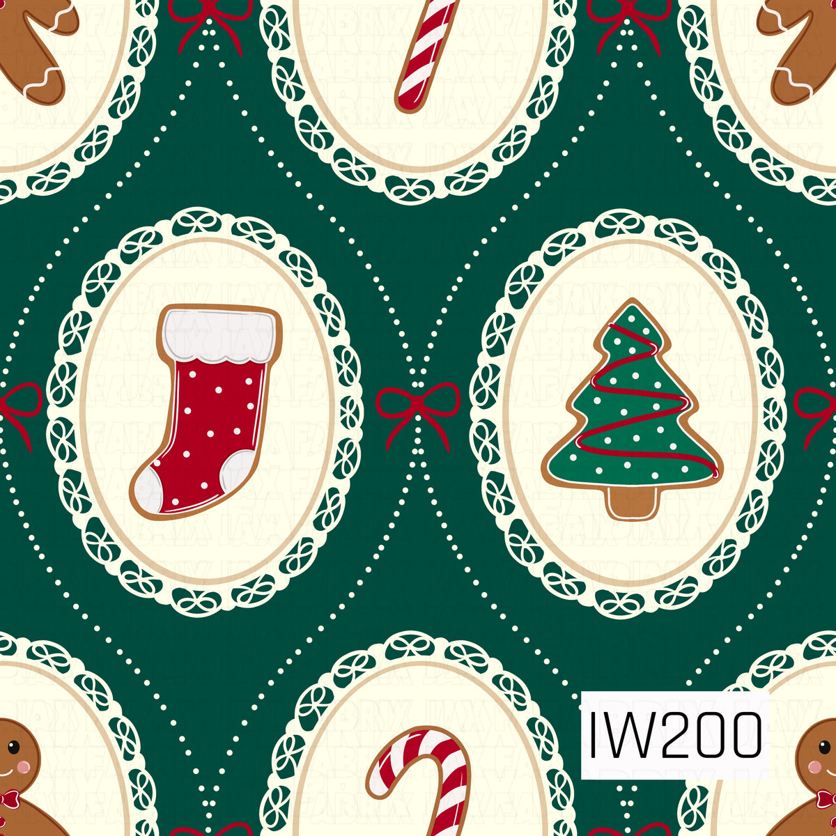 A charming vintage-inspired Christmas pattern featuring festive holiday cookies displayed inside ornate cream-colored oval frames with delicate bow details. Each frame showcases classic Christmas favorites, including a red stocking, decorated Christmas tree, candy cane, and gingerbread man. A rich forest green background is accented with cream dotted diamond lines and dainty red ribbon bows, creating an elegant, nostalgic holiday design with a sweet gingerbread-inspired touch.