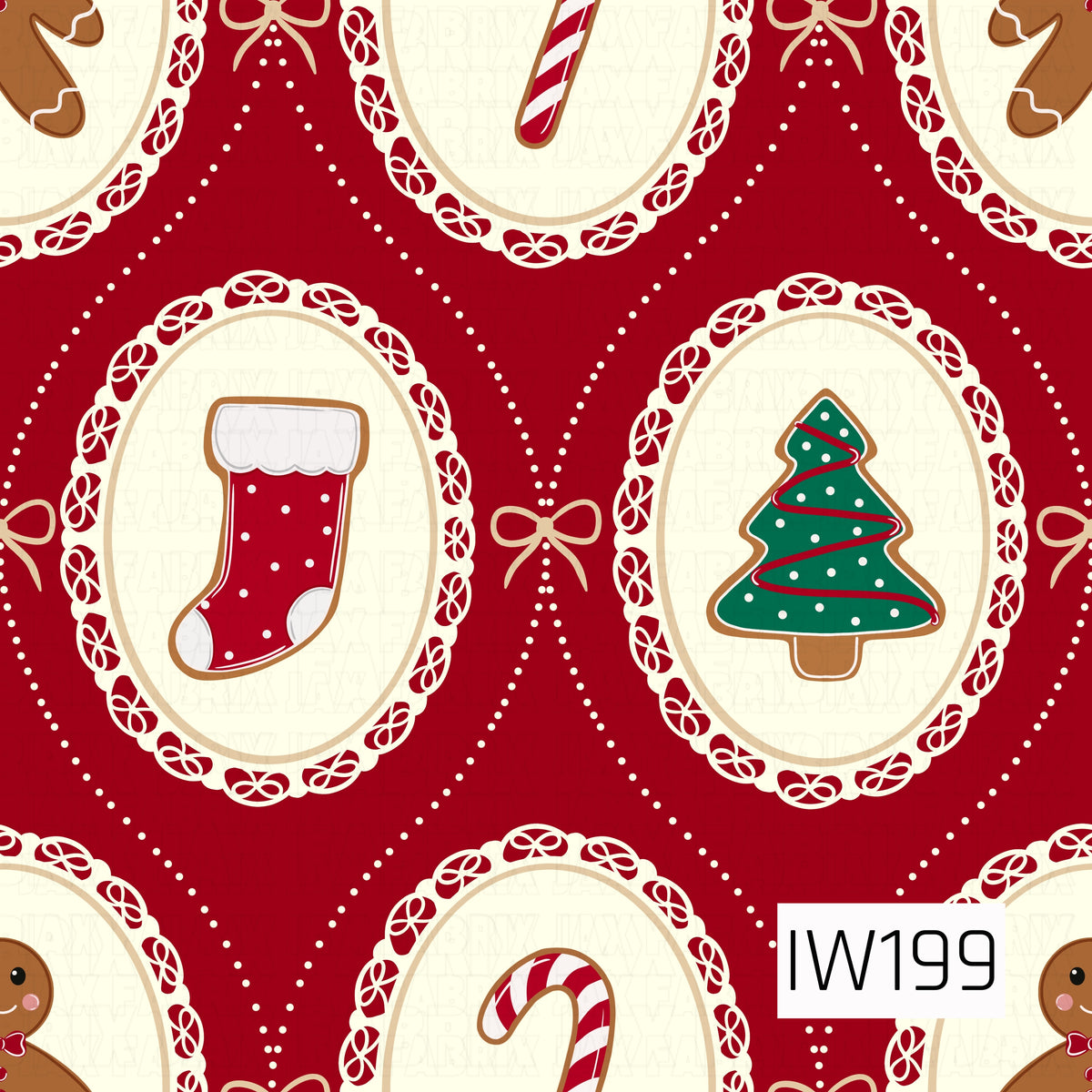 A charming vintage-inspired Christmas pattern featuring festive holiday cookies displayed inside ornate cream-colored oval frames with delicate scalloped bow details. Each frame showcases classic Christmas favorites, including a red stocking, decorated Christmas tree, candy cane, and gingerbread man. A rich cranberry red background is accented with dainty cream dotted diamond lines and little ribbon bows, creating an elegant, nostalgic holiday design with a sweet gingerbread-inspired touch.