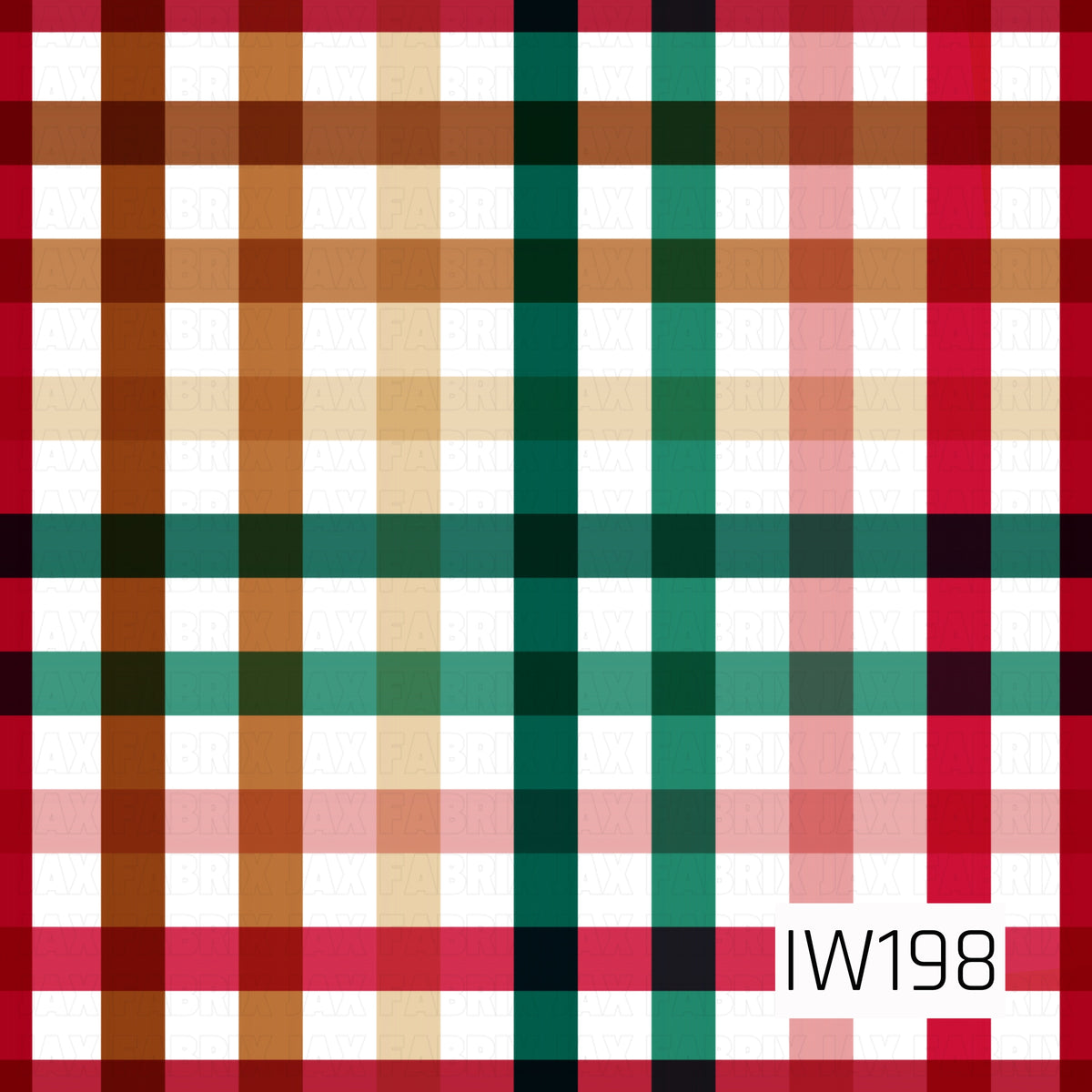 A festive Christmas plaid pattern featuring bold intersecting stripes of deep red, evergreen, warm caramel brown, soft blush pink, and creamy beige against a crisp white background. The overlapping horizontal and vertical bands create a classic oversized checkered design with rich, layered colors and a cozy holiday feel.