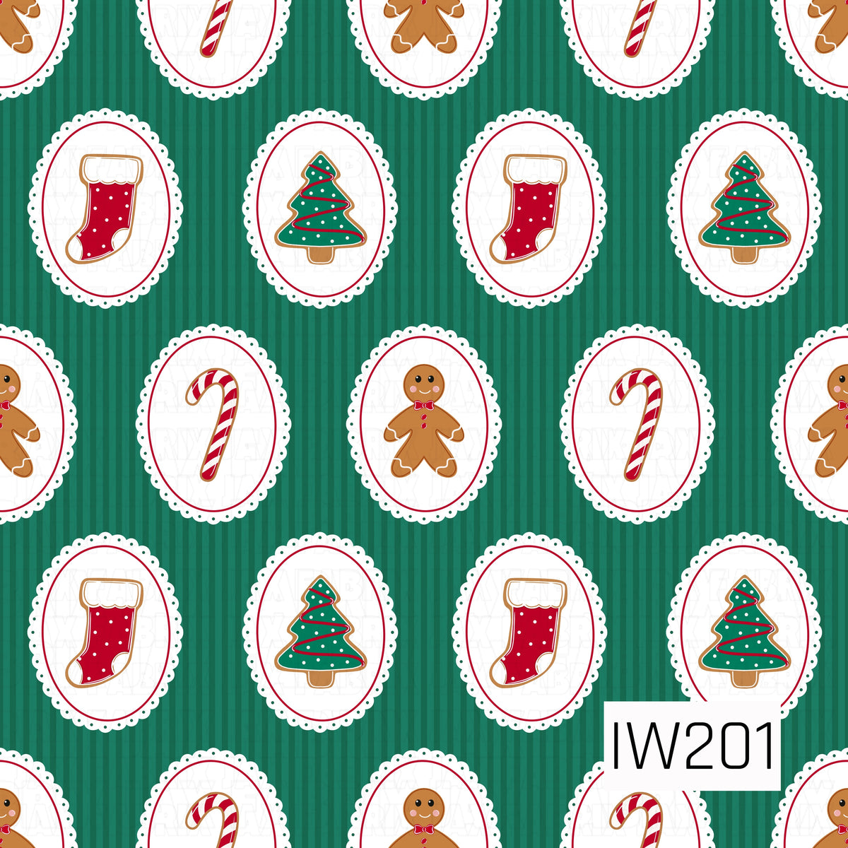 A charming vintage-inspired Christmas pattern featuring festive holiday cookies displayed inside white oval frames with delicate scalloped edges and thin red borders. Each frame showcases classic Christmas favorites, including red stockings, decorated Christmas trees, striped candy canes, and gingerbread men. A rich emerald green background with alternating vertical tonal stripes adds a timeless, nostalgic holiday feel.