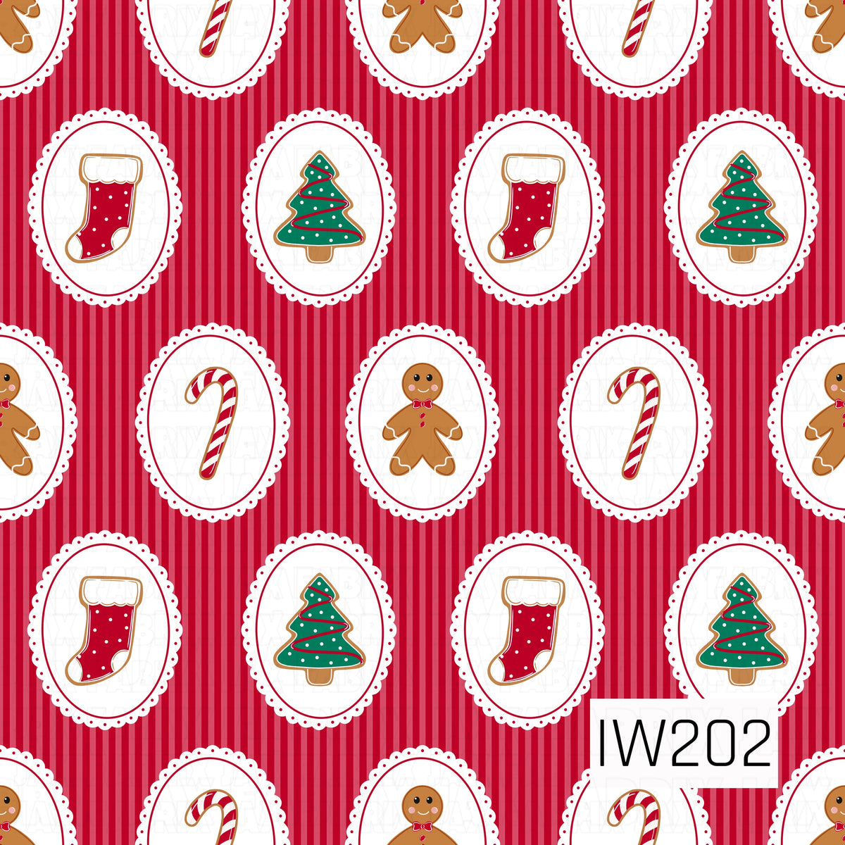 A charming vintage-inspired Christmas pattern featuring festive holiday cookies displayed inside white oval frames with delicate scalloped edges and thin red borders. Each frame showcases classic Christmas favorites, including red stockings, decorated green Christmas trees, striped candy canes, and gingerbread men with sweet little bow ties. A vibrant red background with alternating darker and lighter vertical stripes adds a playful, nostalgic holiday feel.