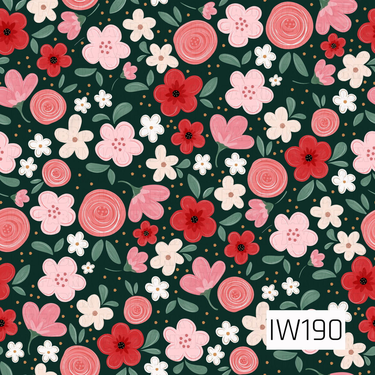 A cheerful floral pattern featuring a playful mix of bright red, soft pink, blush, and creamy white flowers scattered across a deep forest green background. Hand-drawn blooms in a variety of shapes and sizes are accented by muted sage green leaves and tiny golden dots, creating a whimsical, colorful design with a festive holiday feel.