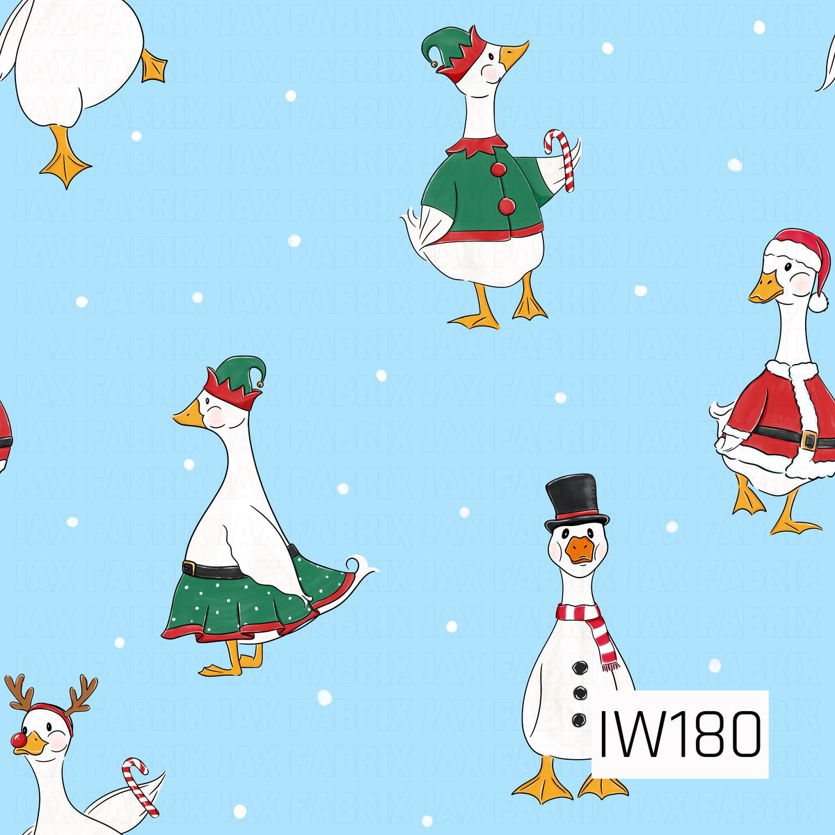 A whimsical Christmas pattern featuring adorable white geese dressed in festive holiday outfits, including Santa coats, green elf hats, reindeer antlers, and snowman-inspired accessories. Some geese hold red and white candy canes, while others wear playful skirts and striped scarves. Scattered white snow dots decorate the soft baby blue background, creating a cheerful and playful winter holiday design.