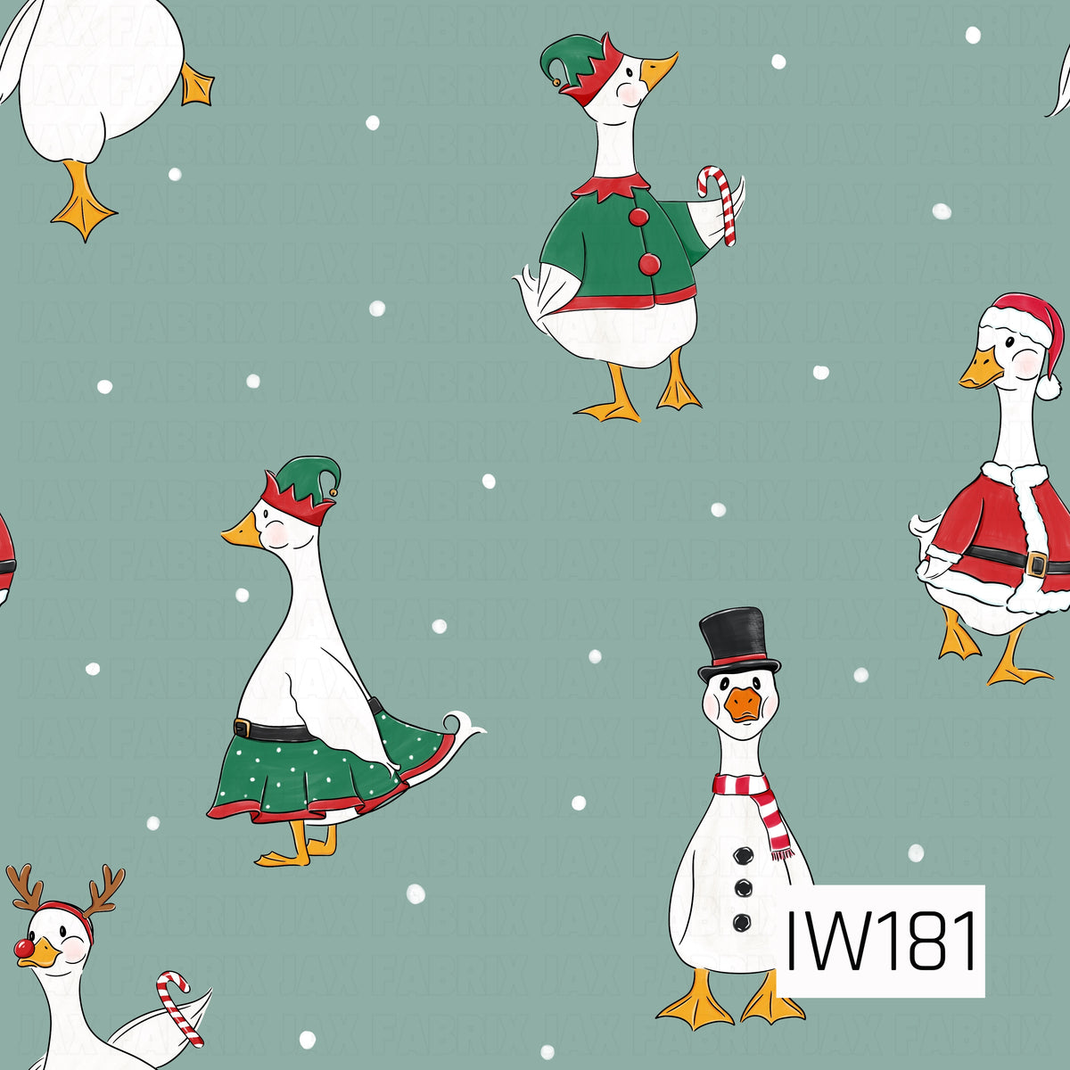 A whimsical Christmas pattern featuring adorable white geese dressed in festive holiday outfits, including Santa coats, green elf hats, reindeer antlers, and snowman-inspired accessories. Some geese hold red and white candy canes, while others wear playful skirts and striped scarves. Scattered white snow dots decorate the muted sage green background, creating a charming and playful holiday design.