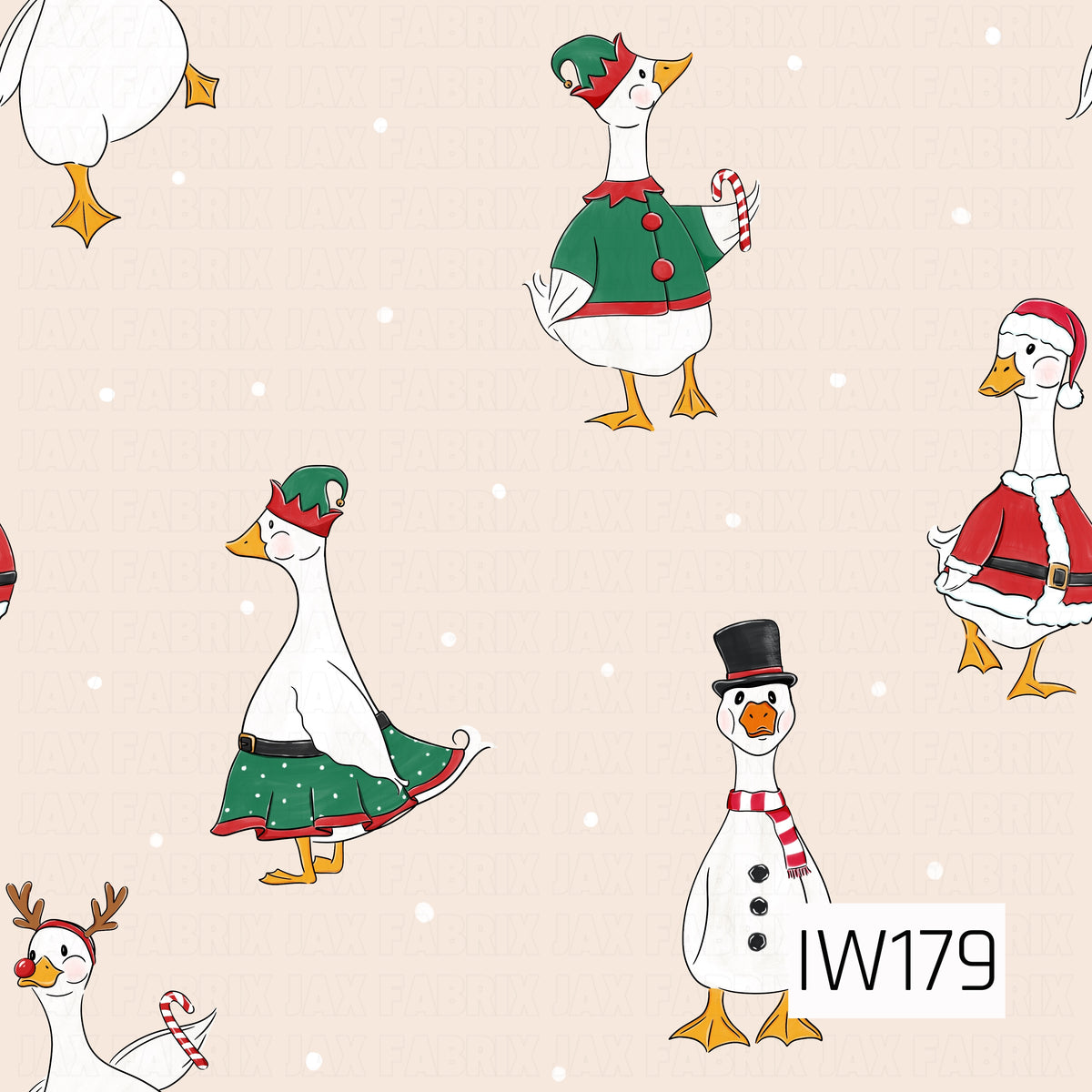 A whimsical Christmas pattern featuring adorable white geese dressed in festive holiday outfits, including Santa coats, green elf hats, reindeer antlers, and snowman-inspired accessories. Some geese hold red and white candy canes, while others wear playful skirts and striped scarves. Scattered white snowflakes dot the soft blush beige background, creating a sweet and playful holiday design.