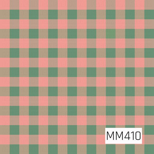 A classic plaid pattern featuring soft coral pink, muted sage green, and warm taupe in a repeating checkered layout. The slightly textured finish gives the design a cozy, hand-painted feel.
