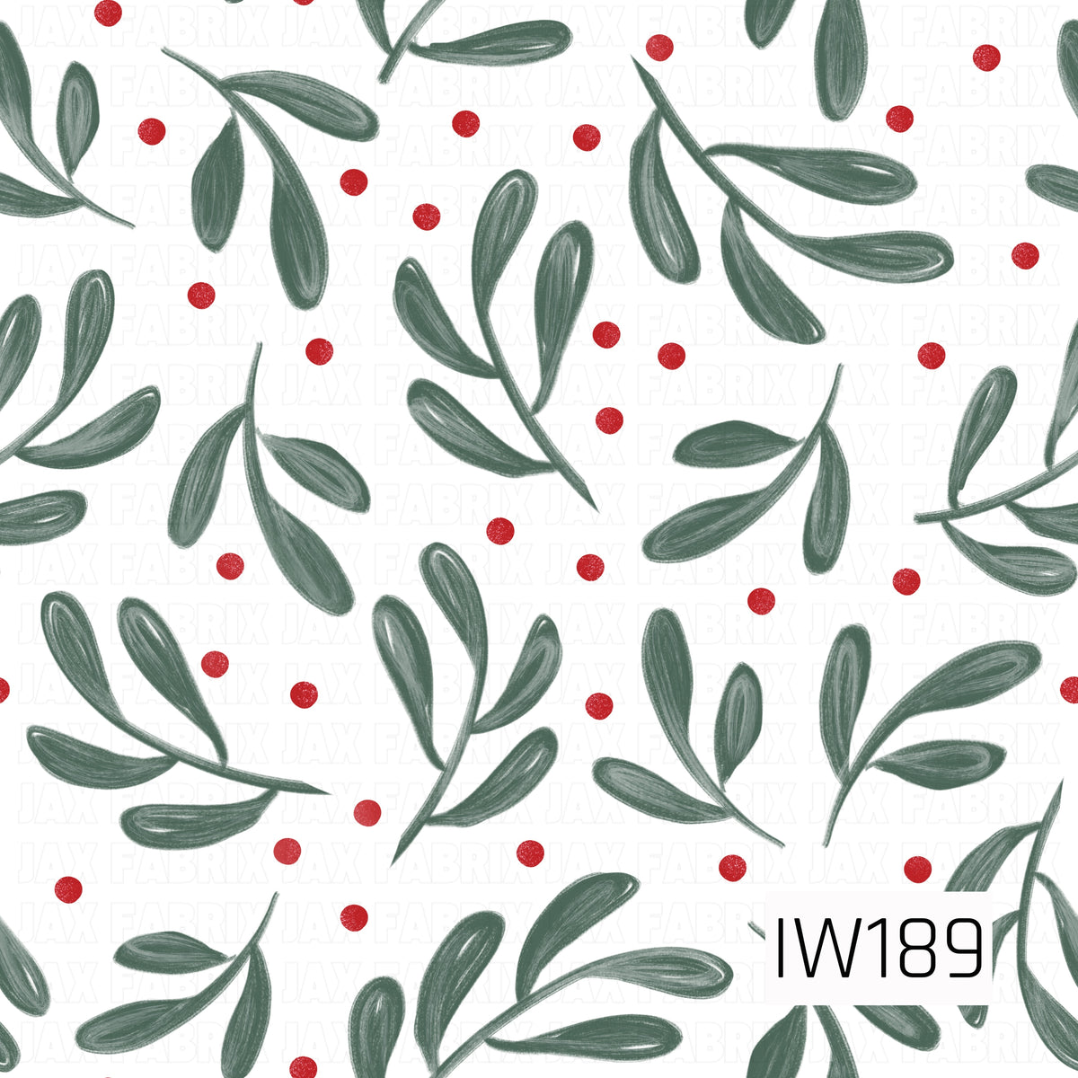 A charming Christmas greenery pattern featuring hand-drawn sprigs of muted sage and deep eucalyptus green leaves scattered across a crisp white background. Small, vibrant red berries are sprinkled throughout, adding a festive pop of color. The soft, sketch-like texture and delicate botanical details give this design a simple, rustic holiday feel.