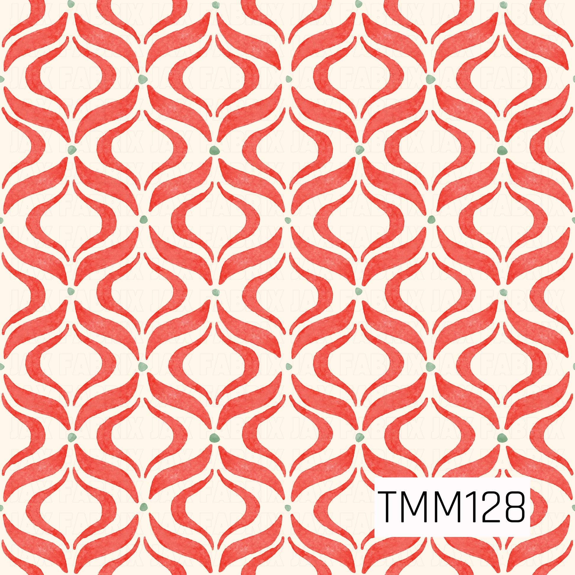 A festive seamless ogee pattern featuring flowing, symmetrical shapes in a bright Christmas red with small sage green accents. The soft watercolor texture and warm ivory background give the design a charming hand-painted holiday feel.
