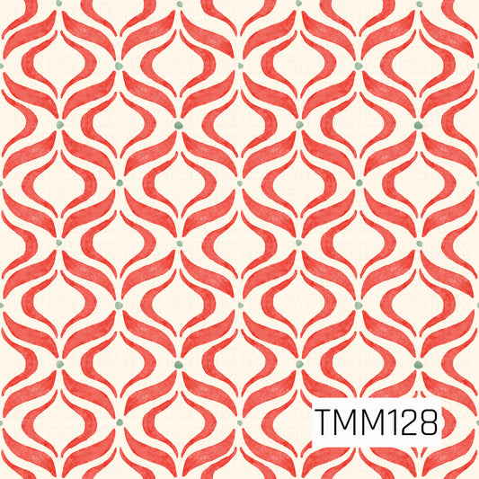 A festive seamless ogee pattern featuring flowing, symmetrical shapes in a bright Christmas red with small sage green accents. The soft watercolor texture and warm ivory background give the design a charming hand-painted holiday feel.

