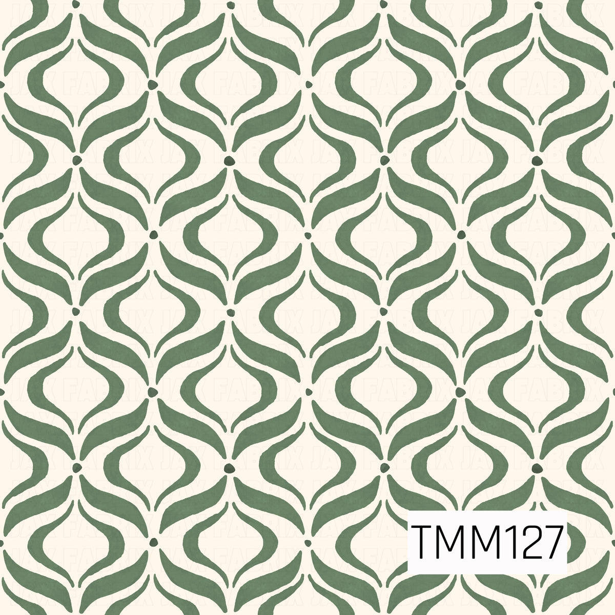 A classic seamless ogee pattern featuring flowing, symmetrical shapes in a rich forest green. The hand-painted watercolor texture adds a soft, organic feel, while the warm ivory background gives the design a timeless, understated look.
