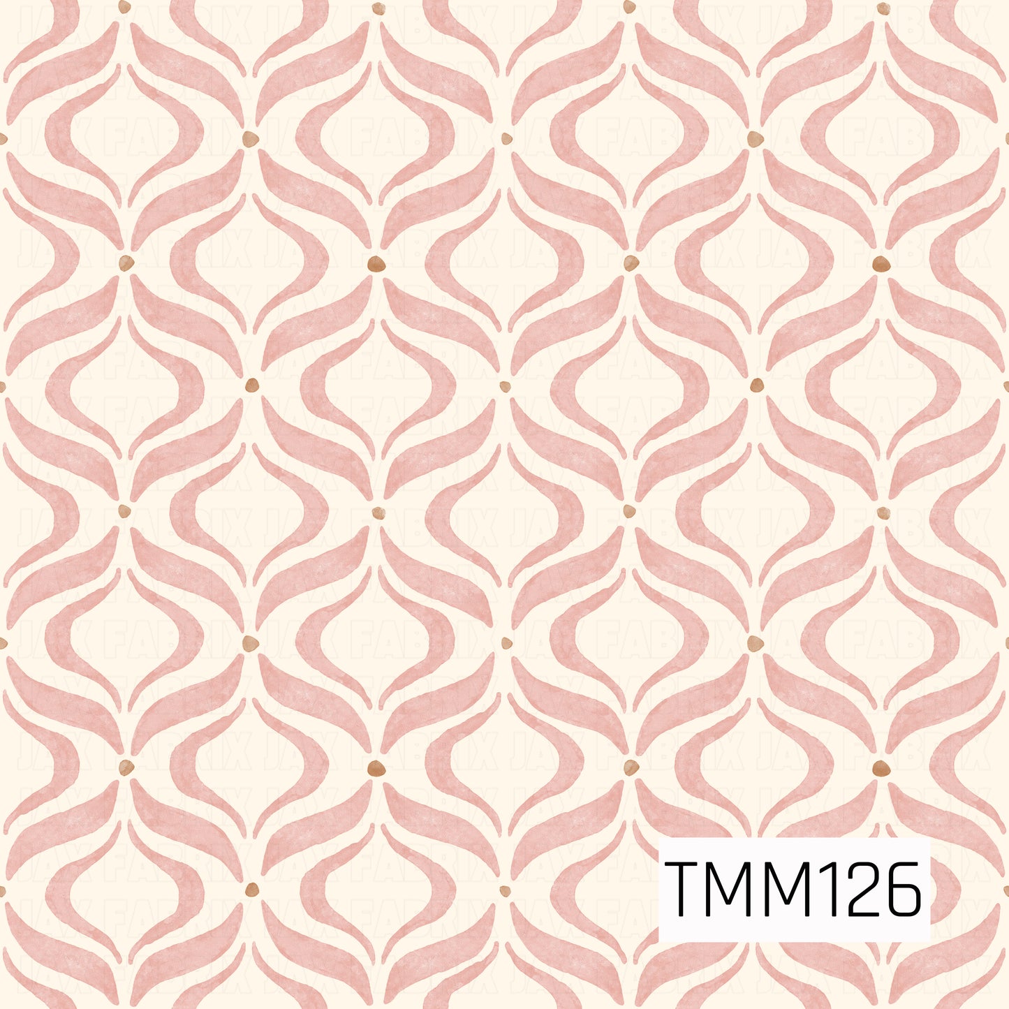 A soft watercolor seamless pattern featuring flowing, symmetrical ogee-inspired shapes in dusty blush pink, accented with small warm brown details. Set against a creamy ivory background, the hand-painted texture gives the design a delicate, vintage-inspired feel.
