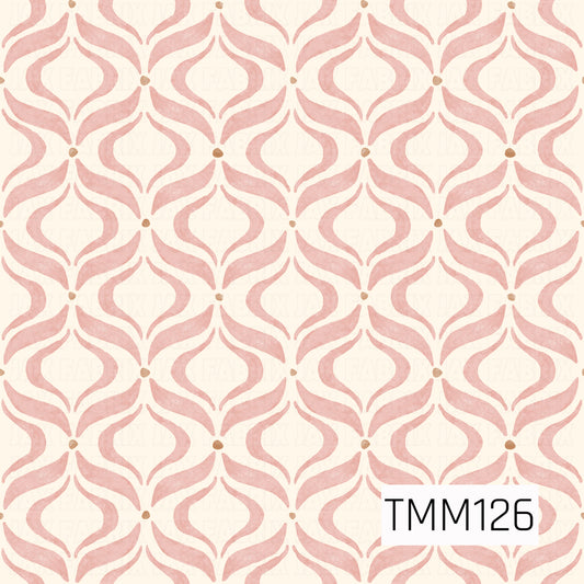 A soft watercolor seamless pattern featuring flowing, symmetrical ogee-inspired shapes in dusty blush pink, accented with small warm brown details. Set against a creamy ivory background, the hand-painted texture gives the design a delicate, vintage-inspired feel.

