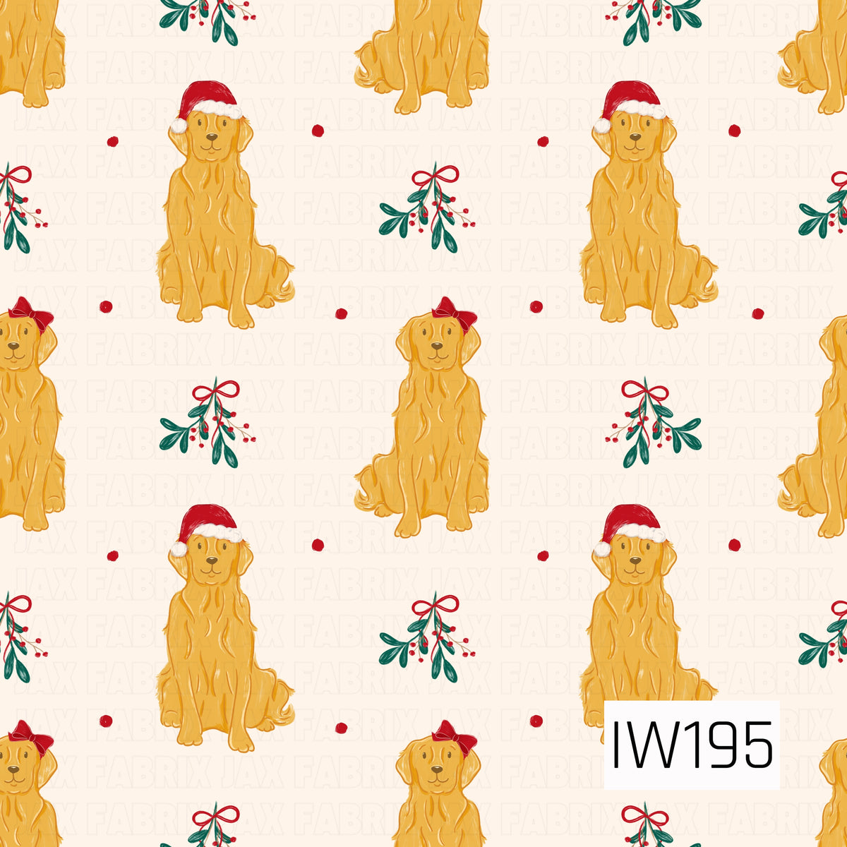 A charming Christmas pattern featuring adorable golden retrievers with fluffy golden fur, some wearing festive red Santa hats and others sporting sweet red bows. Scattered between the pups are delicate sprigs of mistletoe with deep green leaves, tiny red berries, and dainty red ribbon bows. Small red polka dots accent the soft ivory background, creating a playful and heartwarming holiday design.