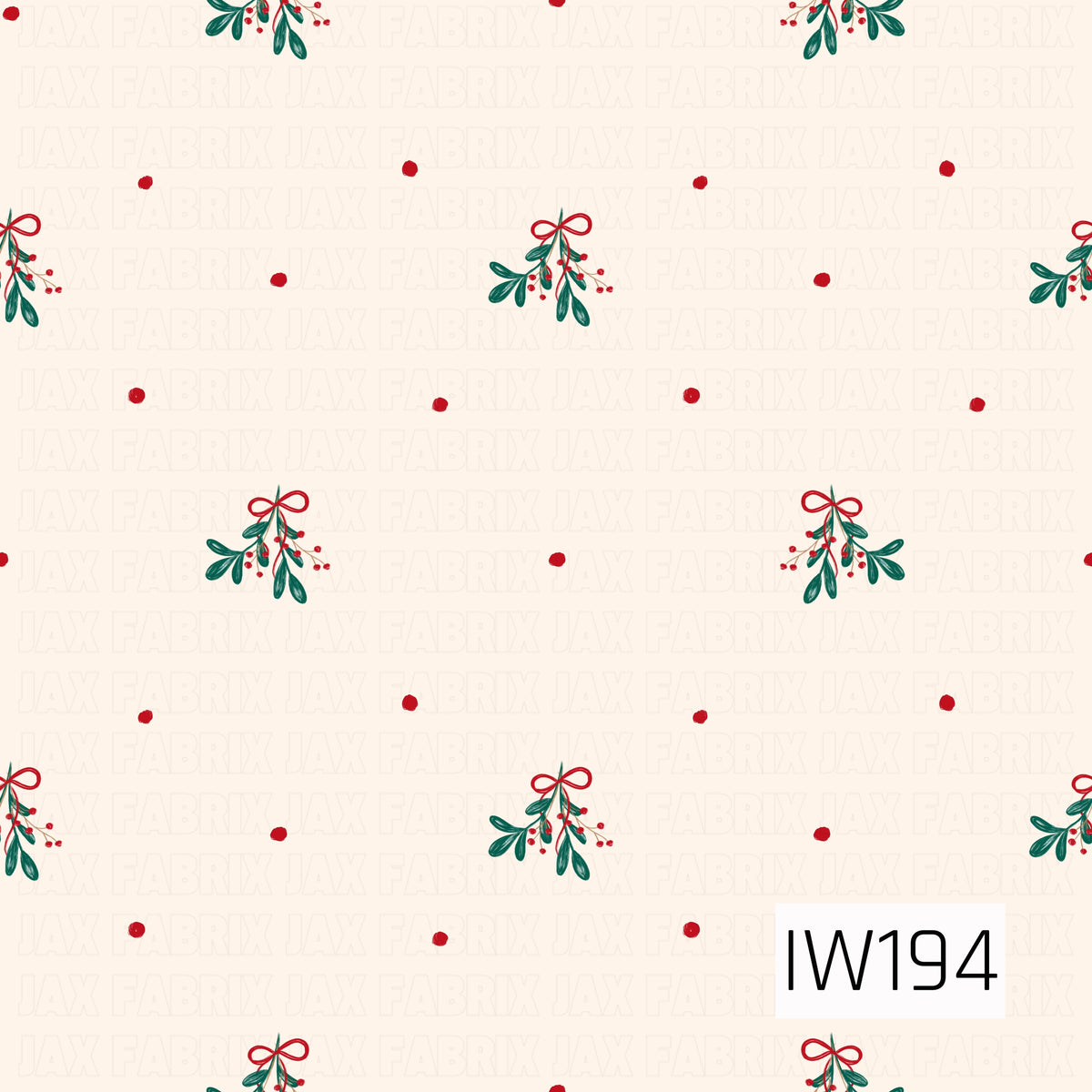 A delicate Christmas pattern featuring scattered sprigs of mistletoe with deep green leaves, tiny red berries, and dainty red ribbon bows. Small, hand-painted red polka dots are sprinkled throughout the soft ivory background, creating a sweet and whimsical holiday design with a charming, vintage-inspired feel.