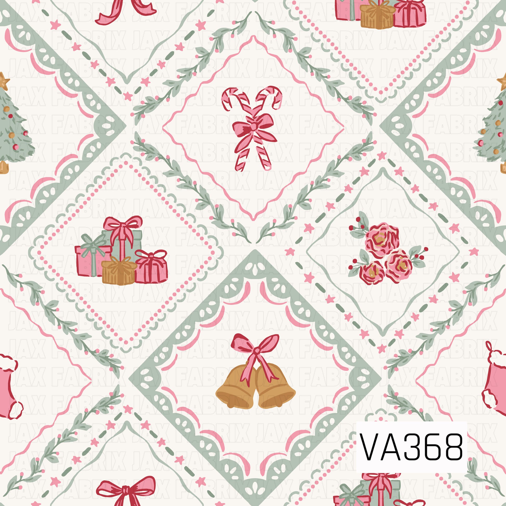 A festive Christmas quilt-inspired pattern featuring decorative diamond frames filled with candy canes, wrapped presents, golden bells, pink florals, Christmas trees, and stockings. Soft misty sage, pink, red, and gold details are accented with leafy greenery, tiny stars, scalloped borders, and dotted trim on a warm cream background.
