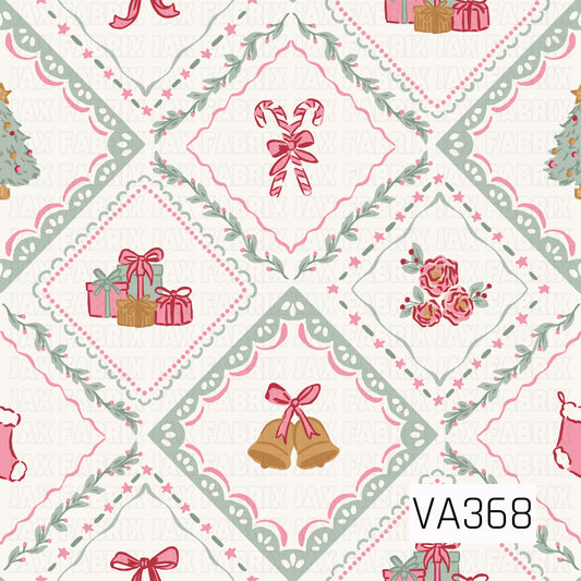 A festive Christmas quilt-inspired pattern featuring decorative diamond frames filled with candy canes, wrapped presents, golden bells, pink florals, Christmas trees, and stockings. Soft misty sage, pink, red, and gold details are accented with leafy greenery, tiny stars, scalloped borders, and dotted trim on a warm cream background.
