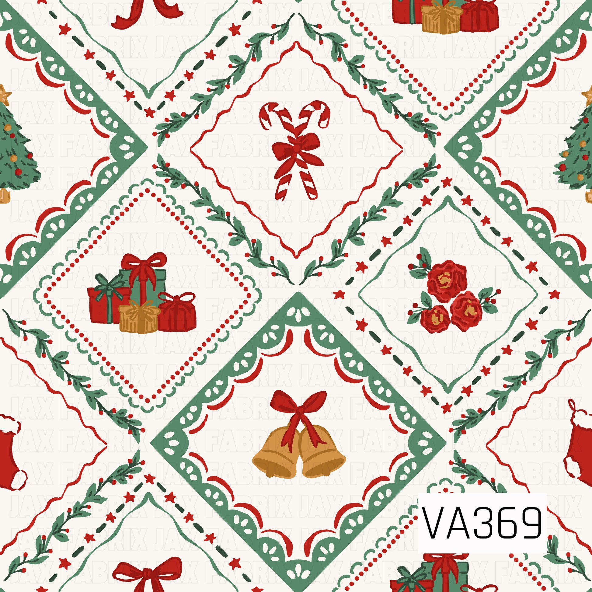 A festive Christmas quilt-inspired pattern featuring decorative diamond frames filled with classic holiday motifs. Candy canes, wrapped presents, golden bells, red florals, Christmas trees, and stockings are surrounded by leafy greenery, stars, scalloped borders, and dotted accents in traditional red, green, gold, and cream tones.
