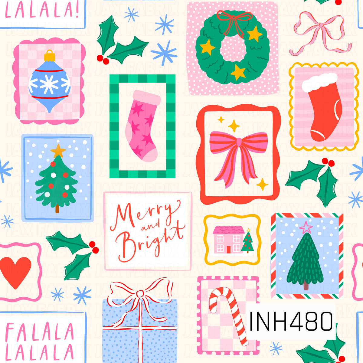 A playful retro Christmas pattern featuring colorful framed holiday illustrations including Christmas trees, stockings, ornaments, wreaths, candy canes, bows, gifts, holly, and a cozy holiday house. Bright shades of pink, red, green, blue, and golden yellow pop against a warm cream background, with gingham, polka dots, scalloped frames, and hand-drawn details adding a whimsical vintage feel.
