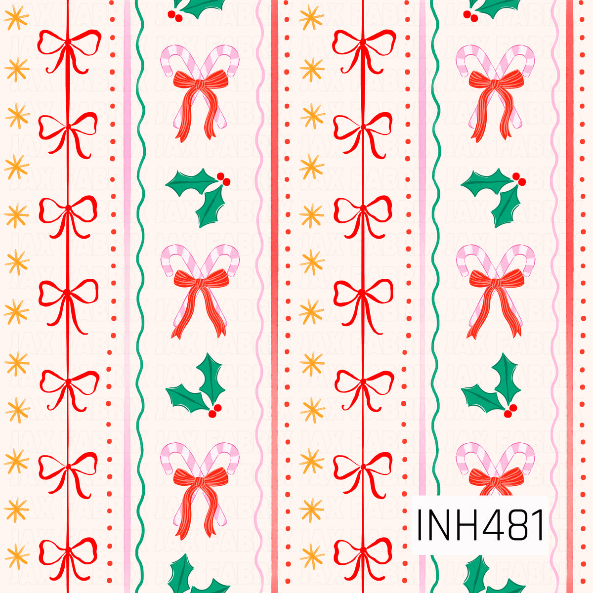 A playful retro Christmas stripe featuring repeating rows of hand-drawn red bows, pink candy canes tied with red ribbons, green holly leaves with bright red berries, and golden starbursts. Wavy green and pink lines, red dotted accents, and bold vertical stripes divide the motifs against a warm cream background for a whimsical vintage holiday feel.