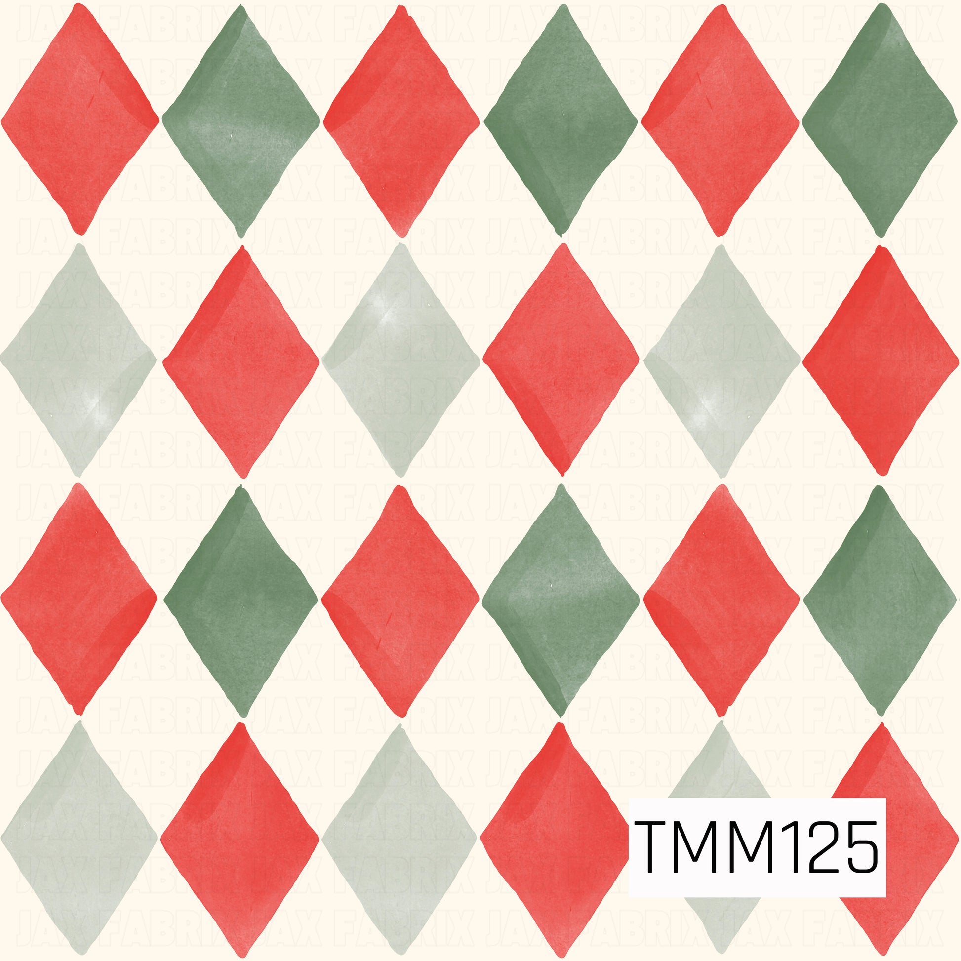 A classic watercolor argyle seamless design featuring oversized diamonds in bright Christmas red, deep evergreen, and soft sage green. The warm cream background and hand-painted texture give the pattern a cozy, traditional holiday feel.
