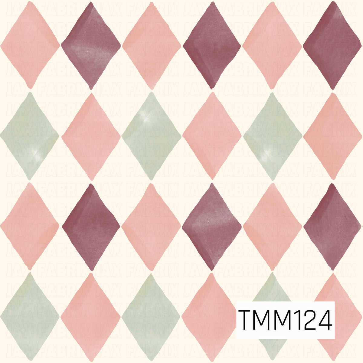 A soft watercolor argyle seamless design featuring oversized diamonds in dusty blush pink, muted burgundy, and pale sage green. The warm cream background and hand-painted texture give the classic geometric pattern a sweet, vintage-inspired feel.
