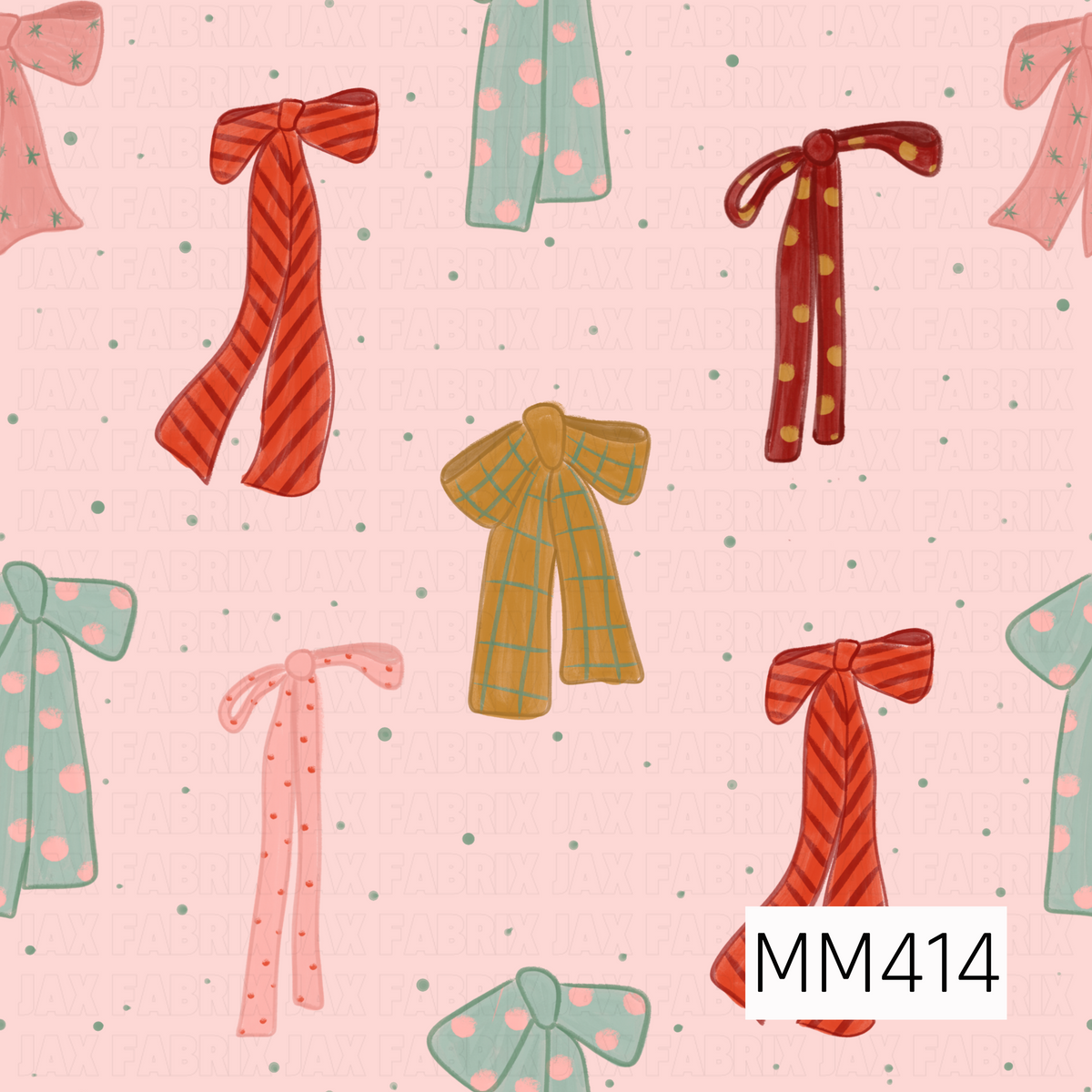A playful hand-painted bow pattern featuring oversized ribbon bows in a mix of stripes, polka dots, tiny stars, and plaid details. Shades of red, coral, blush pink, mint, and mustard are scattered across a soft pink background with tiny green dots throughout.
