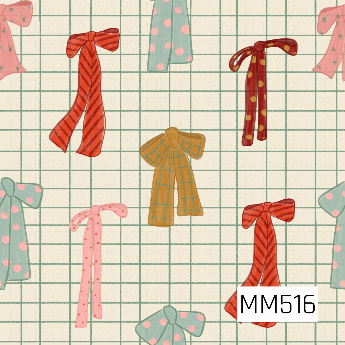 A playful hand-painted bow pattern featuring oversized ribbon bows in stripes, polka dots, plaid, and tiny star details. The colorful red, coral, blush pink, mint, and mustard bows are scattered across a warm cream background with a soft green grid pattern.
