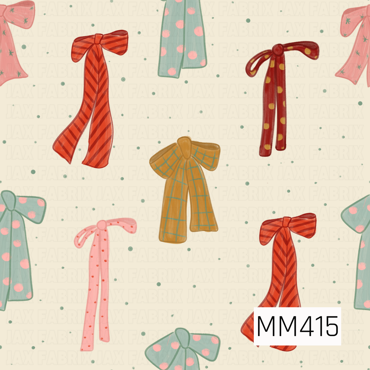 A playful hand-painted bow pattern featuring oversized ribbon bows in stripes, polka dots, plaid, and tiny star details. Shades of red, coral, blush pink, mint, and mustard are scattered across a warm cream background with tiny green dots throughout.
