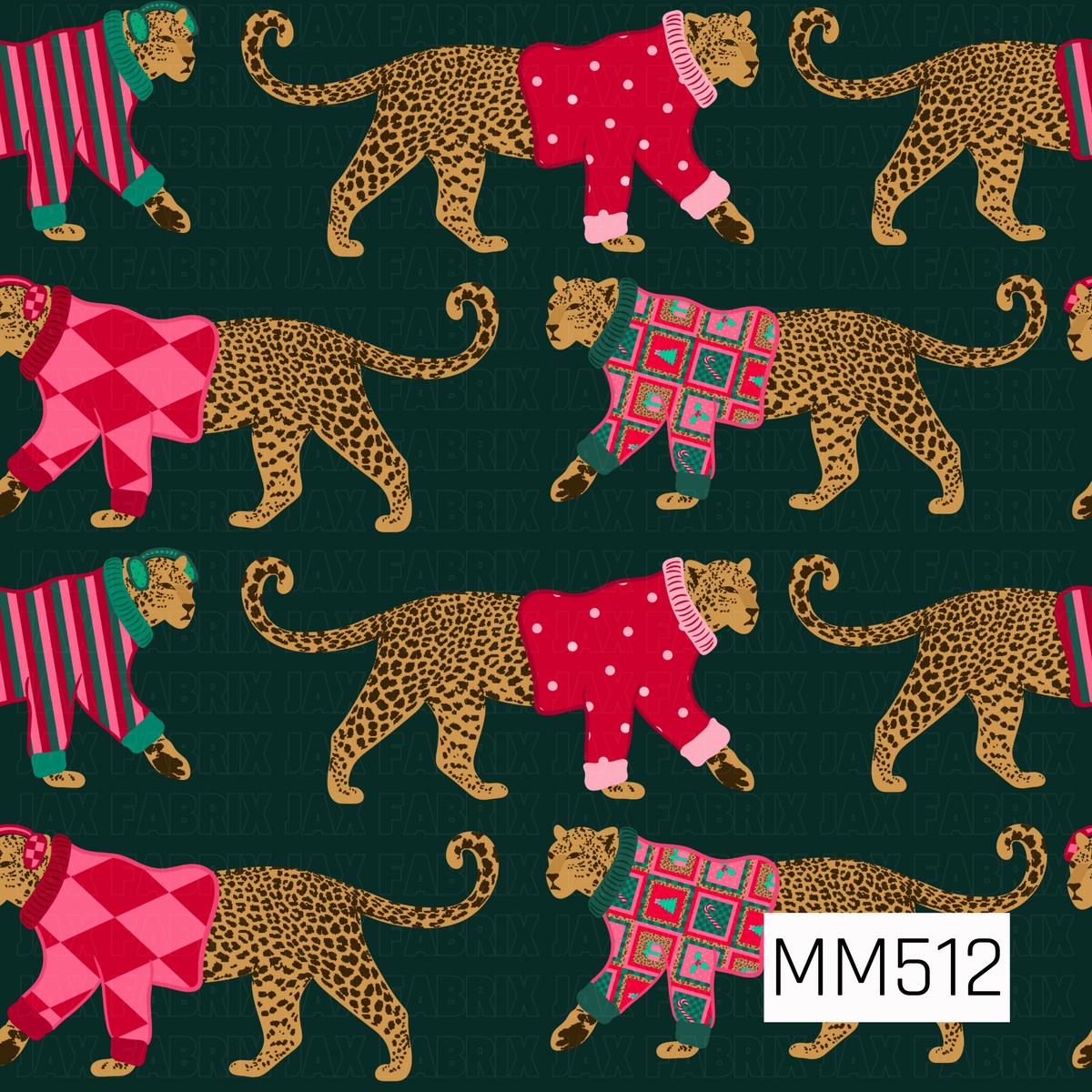 A playful Christmas-themed leopard pattern featuring golden tan leopards with dark brown and black spots, gracefully walking across a rich, dark forest green background. Each leopard is dressed in a festive holiday sweater featuring a variety of cheerful designs, including bold pink, red, and green stripes, bright red with soft pink polka dots, pink and red argyle diamonds, and colorful patchwork squares filled with Christmas trees, candy canes, and other holiday details. Cozy ribbed collars and cuffs in co