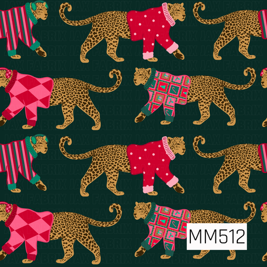 A playful Christmas-themed leopard pattern featuring golden tan leopards with dark brown and black spots, gracefully walking across a rich, dark forest green background. Each leopard is dressed in a festive holiday sweater featuring a variety of cheerful designs, including bold pink, red, and green stripes, bright red with soft pink polka dots, pink and red argyle diamonds, and colorful patchwork squares filled with Christmas trees, candy canes, and other holiday details. Cozy ribbed collars and cuffs in co