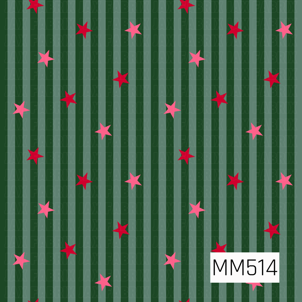 A festive and playful coordinating pattern featuring a rich forest green background with alternating vertical stripes in deep green and muted sage green. The stripes vary slightly in width, creating a subtle layered effect with a classic, preppy feel. Scattered throughout the design are whimsical five-point stars in vibrant cherry red and bright bubblegum pink, arranged in a playful, evenly spaced pattern. The stars feature slightly irregular, angled points that add a fun, hand-drawn appearance. The combina