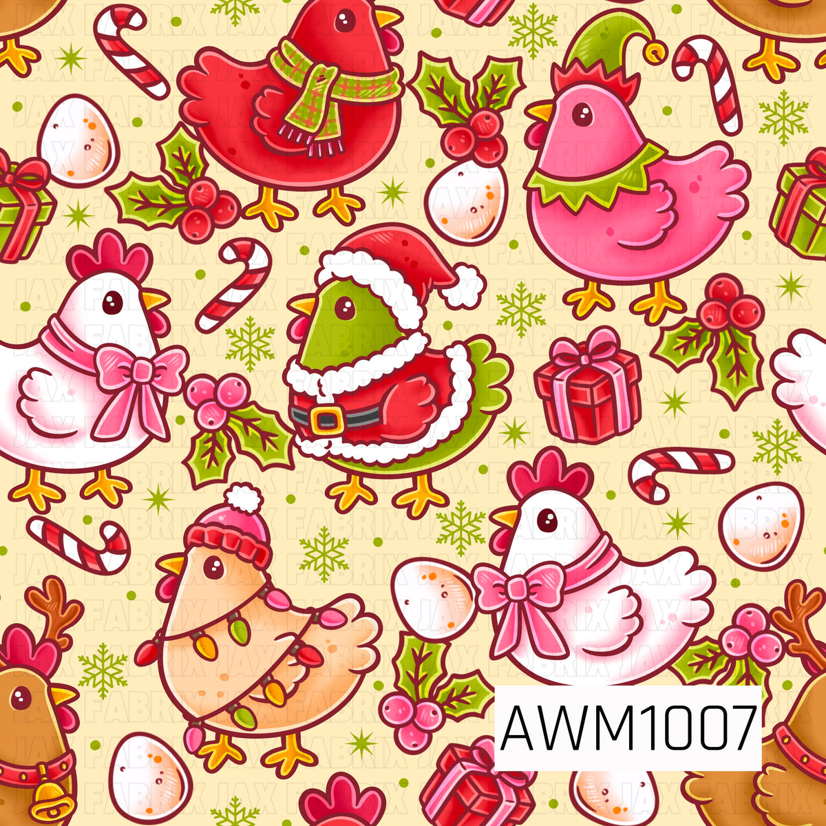A playful Christmas pattern featuring colorful chickens dressed in festive holiday outfits, including Santa suits, scarves, bows, elf hats, and Christmas lights. Candy canes, wrapped presents, holly berries, snowflakes, and scattered ornaments fill the warm cream background for a cheerful, whimsical farmhouse holiday look.
