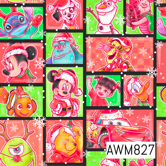 A festive Christmas-themed seamless pattern featuring colorful holiday-inspired character portraits wearing Santa hats, arranged in a bold patchwork layout. Set against alternating coral pink and lime green backgrounds with black frames, the design is accented with white snowflakes and falling snow for a bright, playful holiday look.