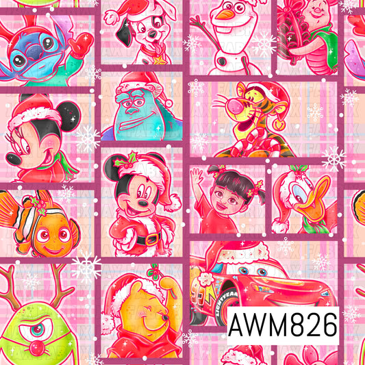 A cheerful Christmas-themed seamless pattern featuring festive cartoon-inspired character portraits dressed in Santa hats, arranged in a patchwork design with mauve frames. Soft pink plaid backgrounds, white snowflakes, and falling snow create a whimsical holiday aesthetic in bright shades of pink, red, green, and teal.