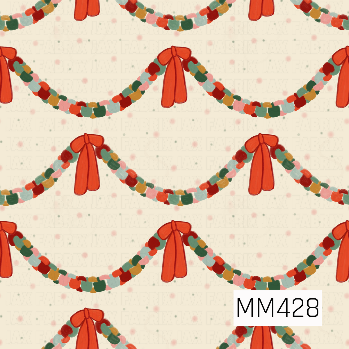 A whimsical Christmas pattern featuring colorful hand-painted garlands draped across a warm cream background. Each garland is made up of playful red, green, blush pink, mustard, and soft blue accents and finished with oversized red ribbon bows. Subtle scattered dots add a fun, festive touch.
