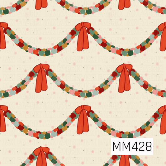 A whimsical Christmas pattern featuring colorful hand-painted garlands draped across a warm cream background. Each garland is made up of playful red, green, blush pink, mustard, and soft blue accents and finished with oversized red ribbon bows. Subtle scattered dots add a fun, festive touch.
