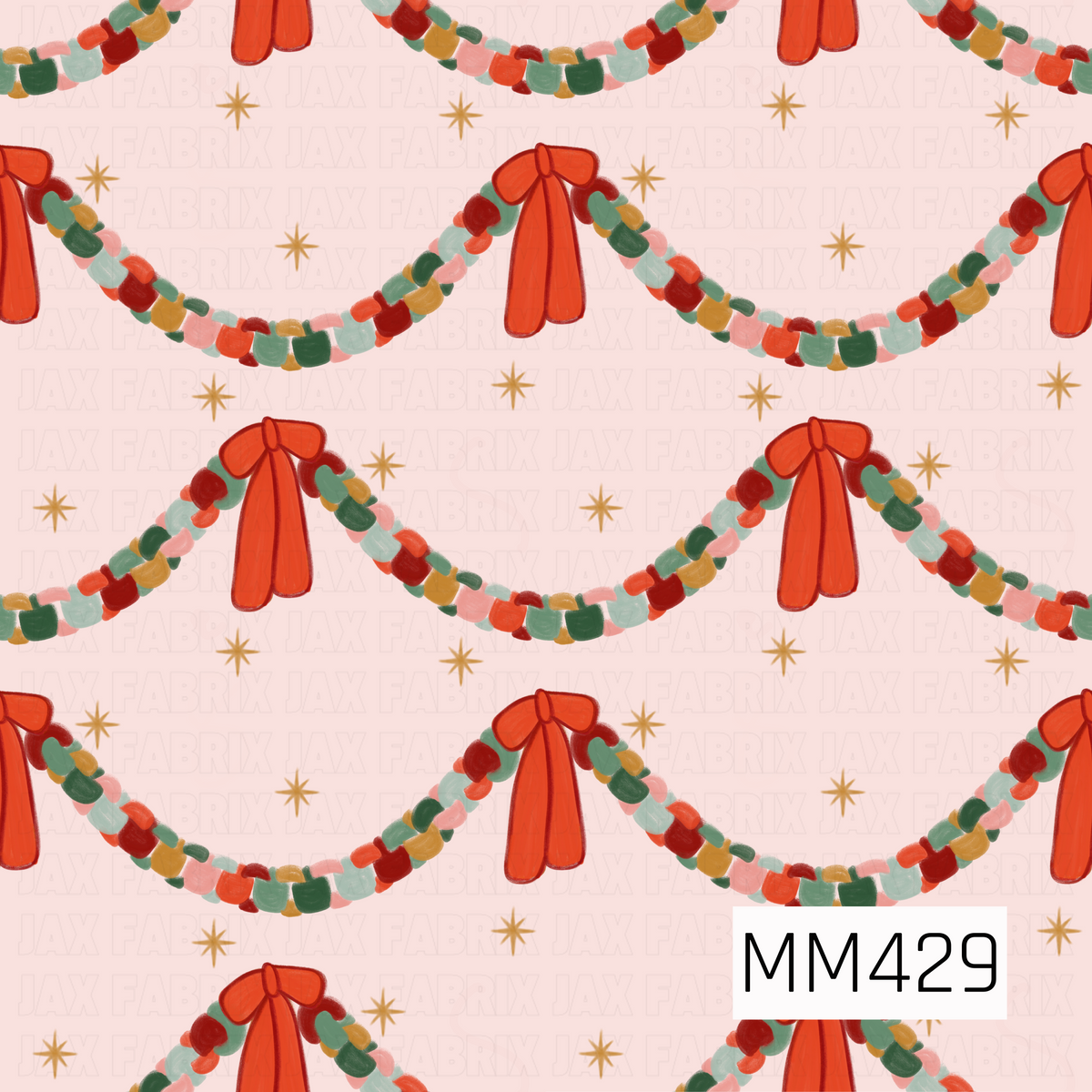 A playful Christmas pattern featuring colorful hand-painted garlands in shades of red, green, blush pink, mustard, and soft blue, each finished with an oversized red ribbon bow. Scattered golden starbursts decorate the soft blush pink background, adding a whimsical festive touch.
