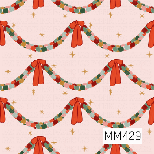 A playful Christmas pattern featuring colorful hand-painted garlands in shades of red, green, blush pink, mustard, and soft blue, each finished with an oversized red ribbon bow. Scattered golden starbursts decorate the soft blush pink background, adding a whimsical festive touch.
