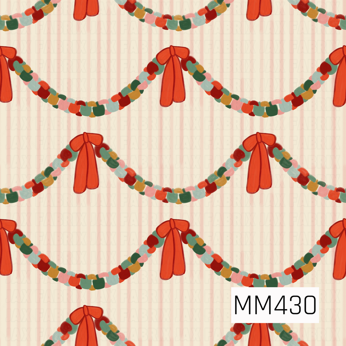 A playful Christmas pattern featuring colorful hand-painted garlands in shades of red, green, blush pink, mustard, and soft blue, each finished with an oversized red ribbon bow. The garlands are draped across a warm cream background with delicate blush pink vertical stripes for a whimsical holiday look.
