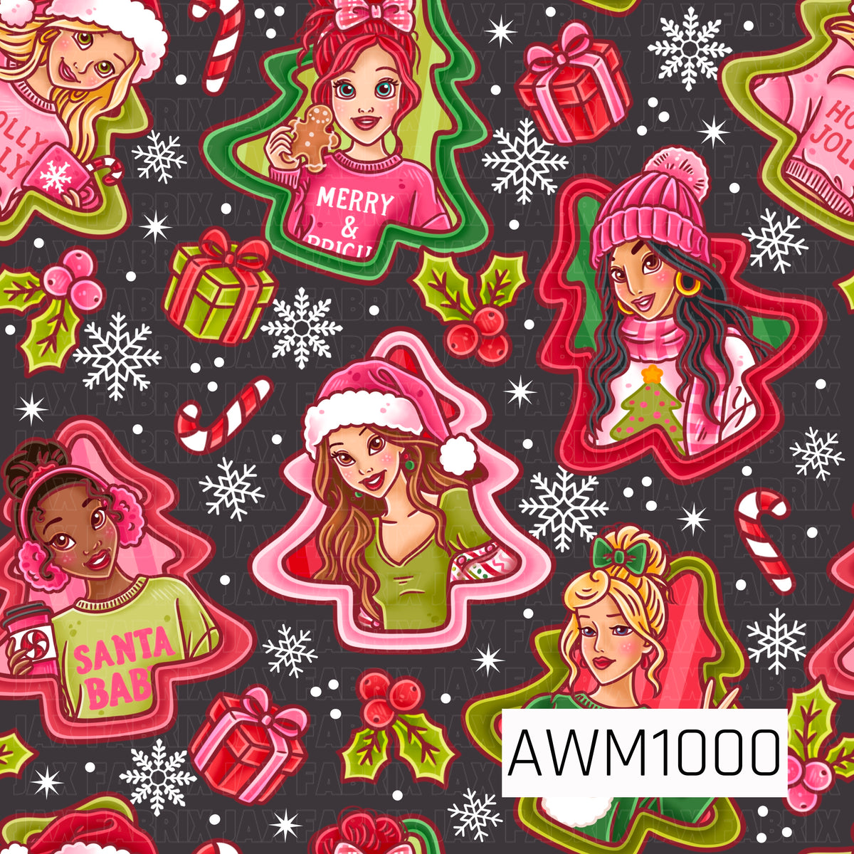 A playful Christmas pattern featuring festive fashion girls dressed in bright pink, red, and green holiday outfits. Christmas tree-shaped frames surround the characters, while wrapped presents, candy canes, holly berries, snowflakes, and scattered snow fill the dark charcoal background. Bold colors and illustrated details give the design a fun, girly holiday feel.
